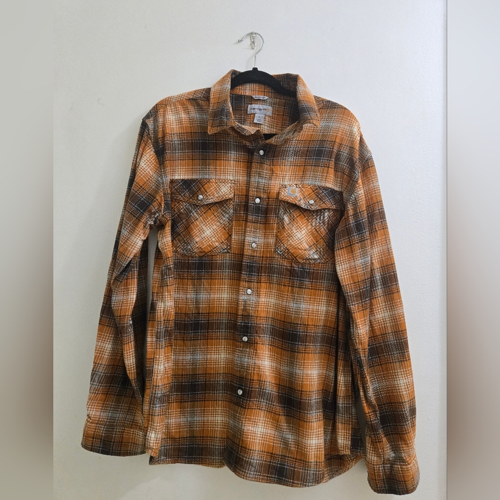 Carhartt Relaxed Fit L Flannel Rust Plaid Pearl Snaps
